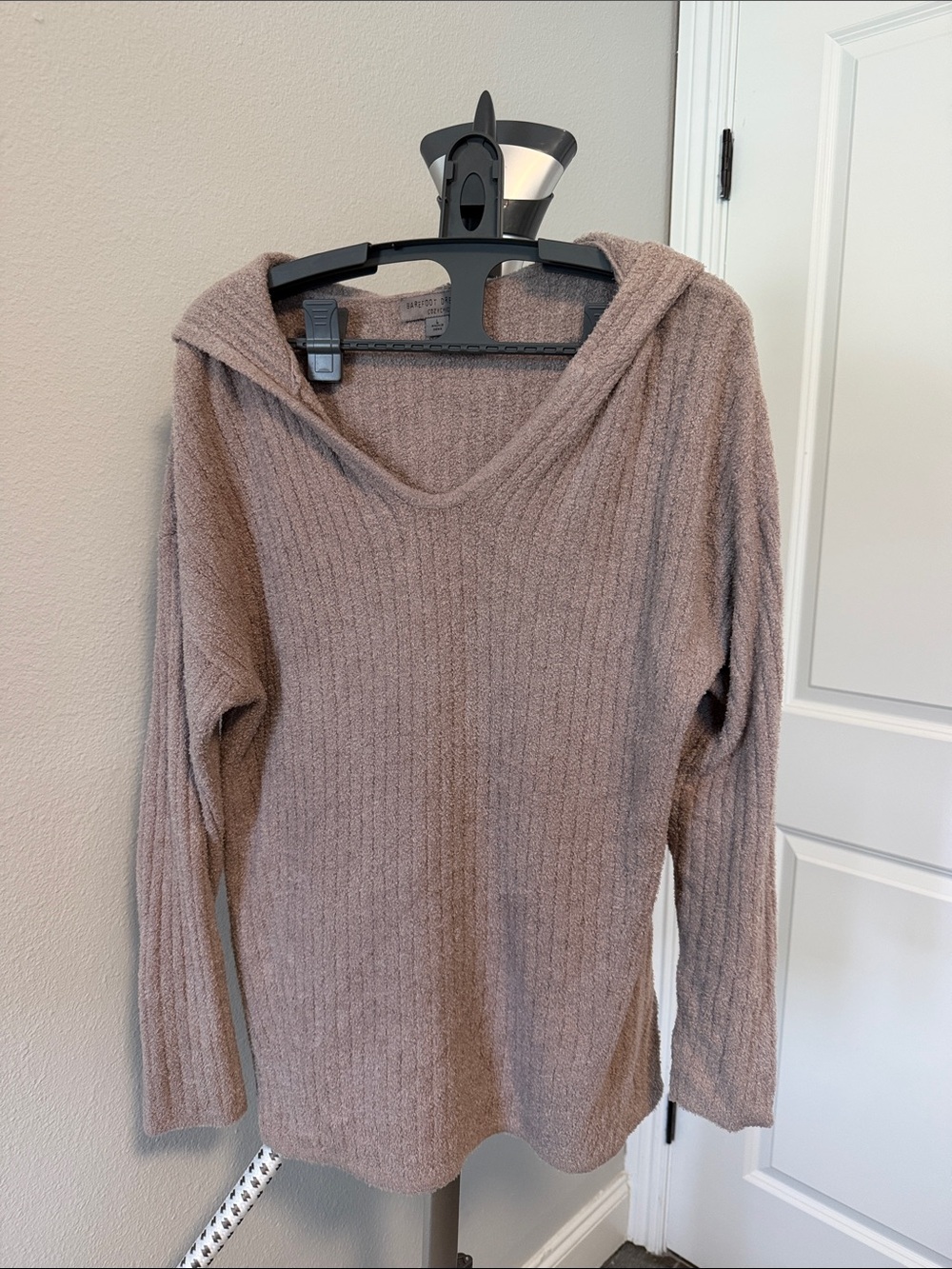 Barefoot Dreams Taupe Ribbed V-Neck Hooded Pullover